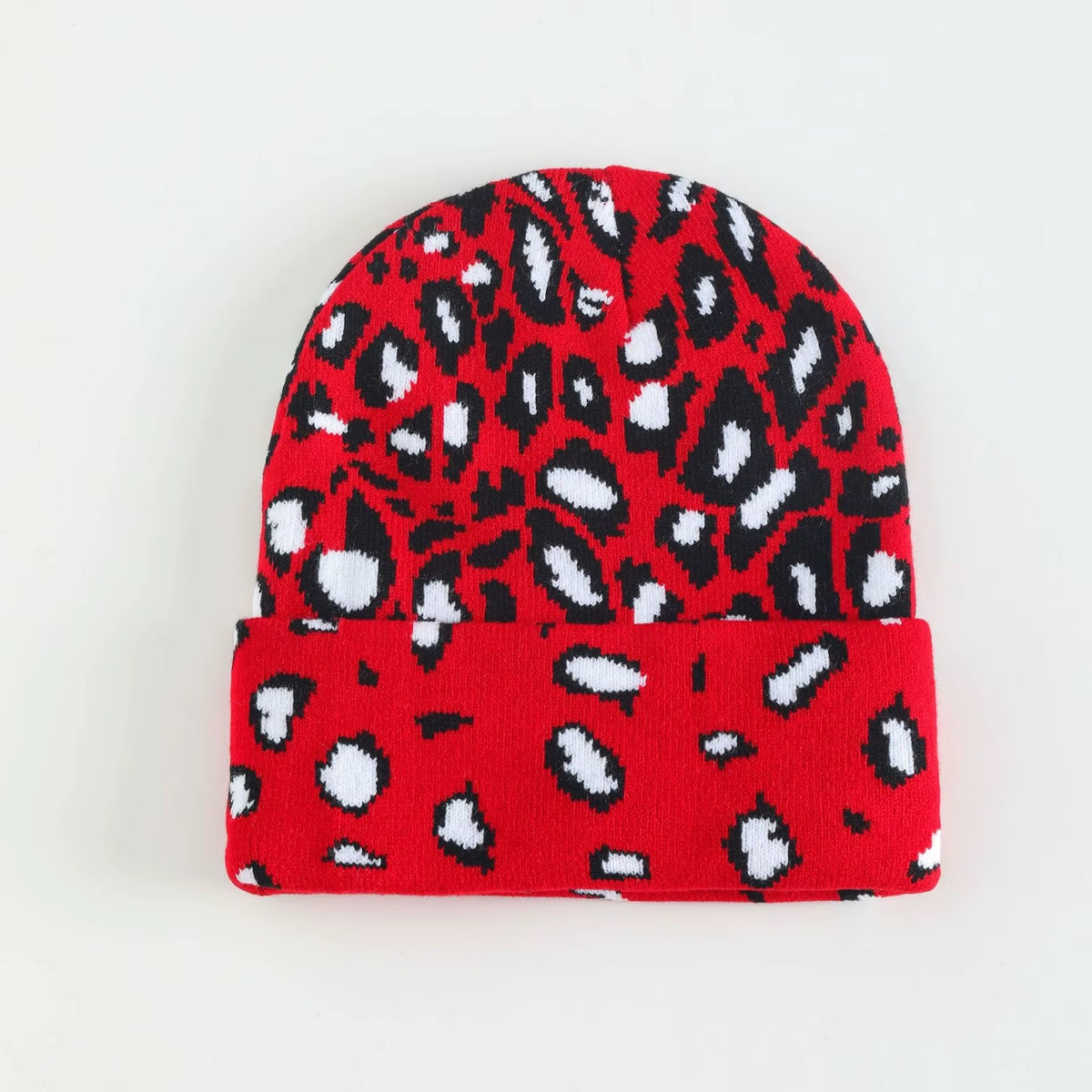 Leopard Knit Beanie — Red