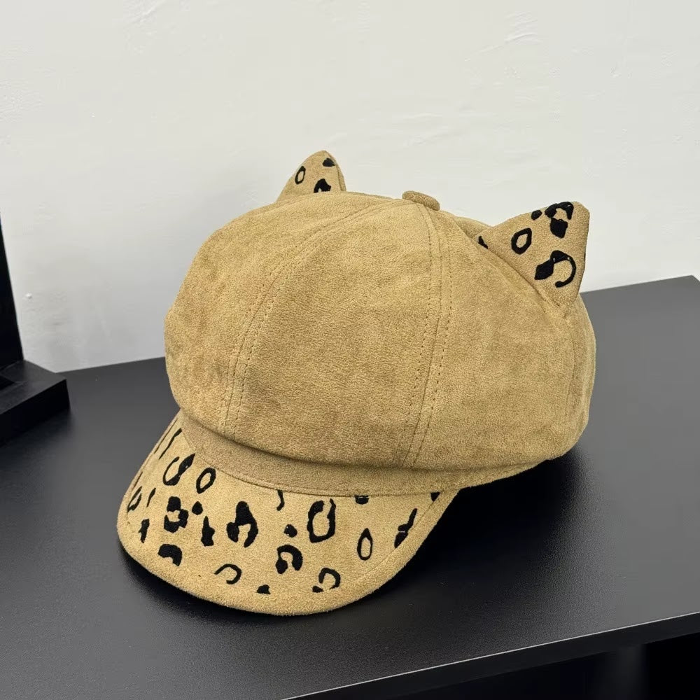 Leopard Suede Beret — Khaki
