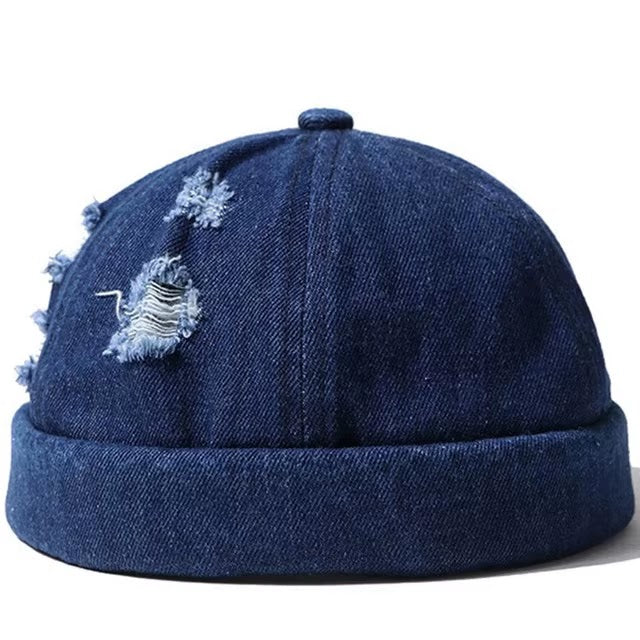 Ripped Denim Docker Hat — Navy Blue