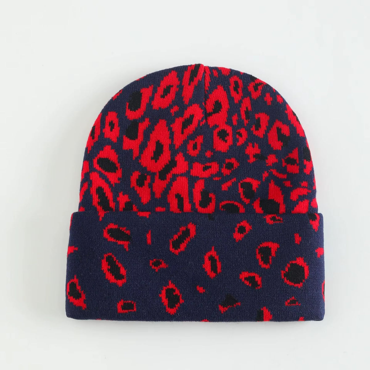 Leopard Knit Beanie — Navy Blue