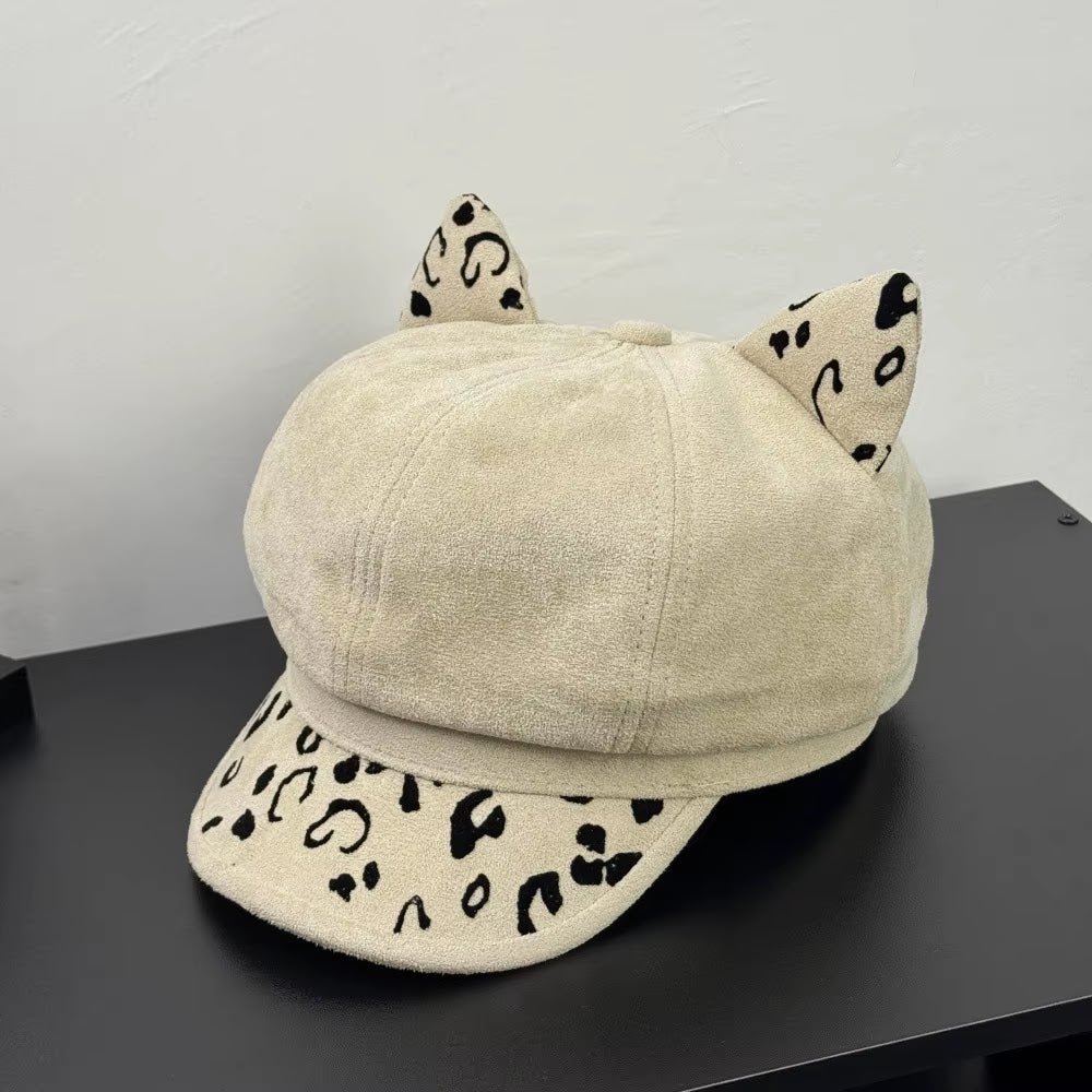 Leopard Suede Beret — Beige Yellow