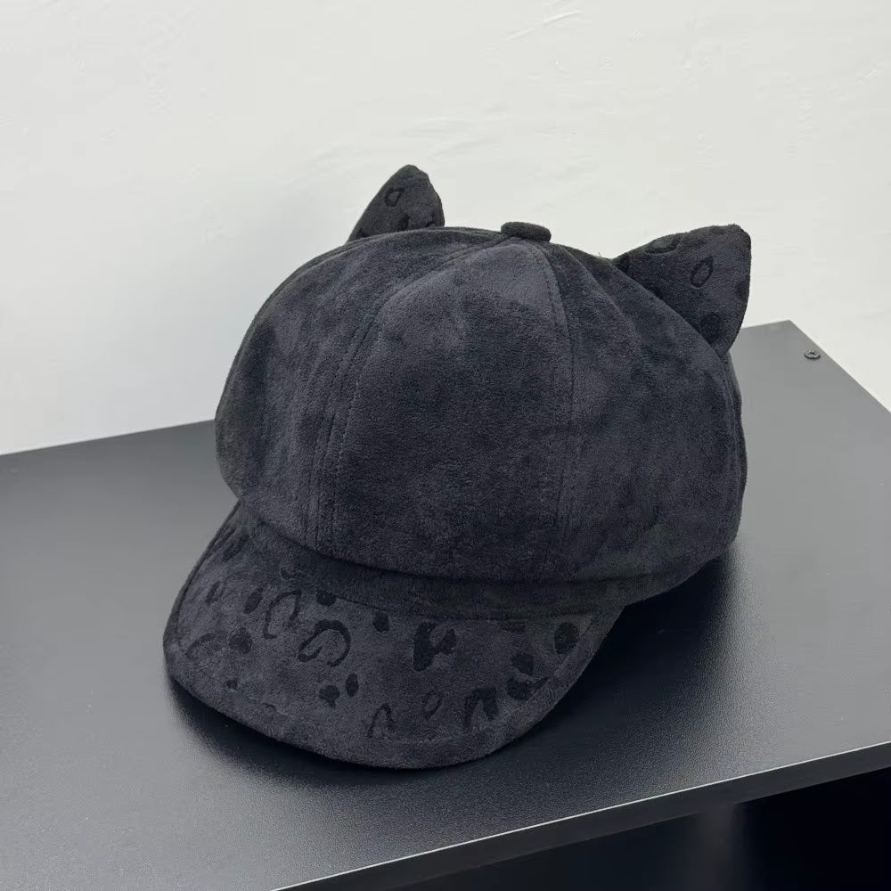 Leopard Suede Beret - Black