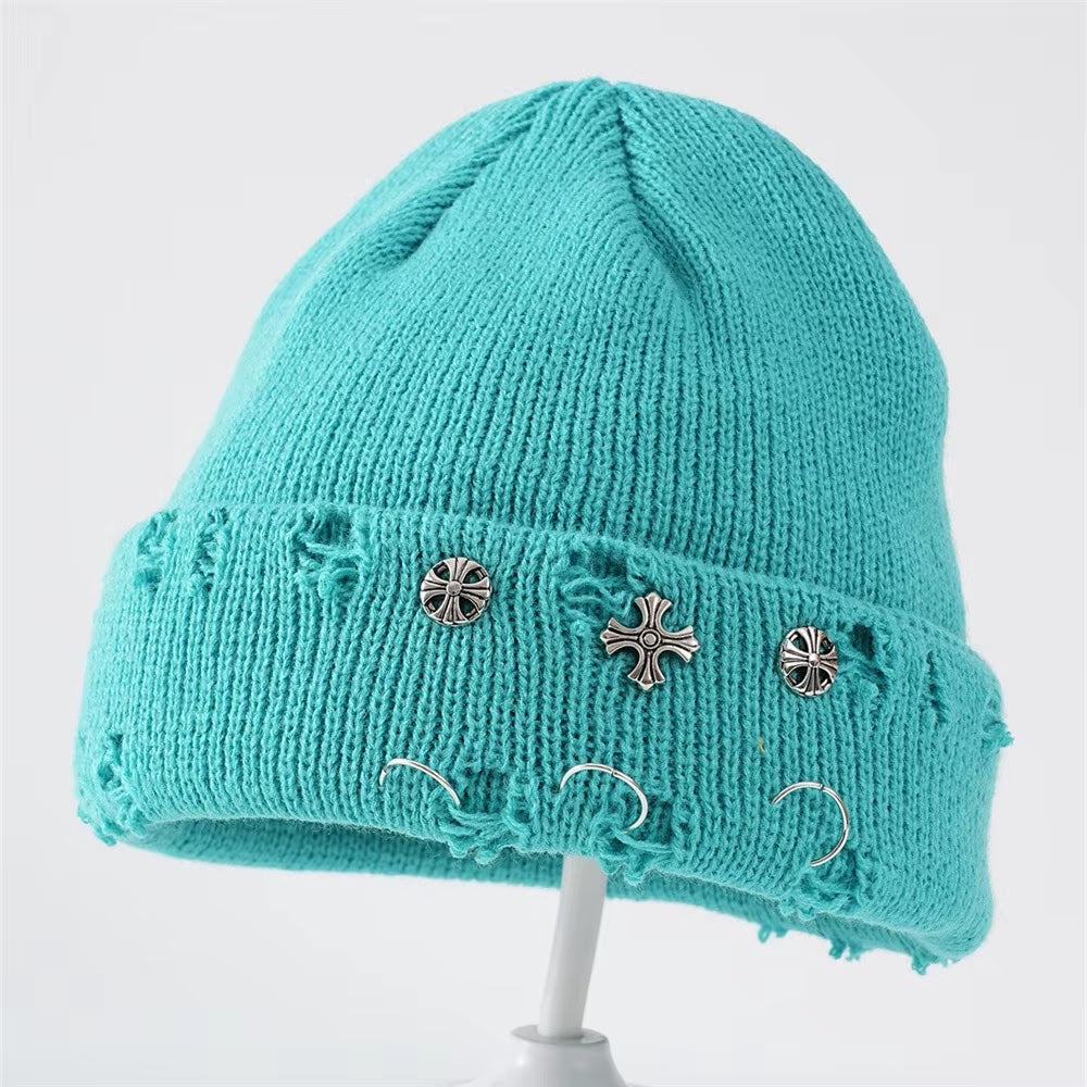 Gothic Distressed Beanie — Peacock Blue